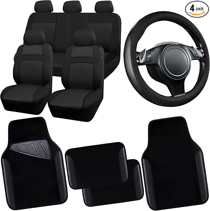 3D Air Mesh Car Seat Covers Full Sets w/5mm Sponge, 4Pcs Waterproof Car Floor Mats, Steering Wheel Cover Universal Fit for SUV Sedan Truck, Airbag Compatible Automotive Interior(Black)