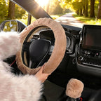 Furry Car Steering Wheel Cover with Gear Shift Cover, Soft and Warm, Cute Fluffy Auto Decor for Women Men, Standard Size, 2 PCS Set, Khaki