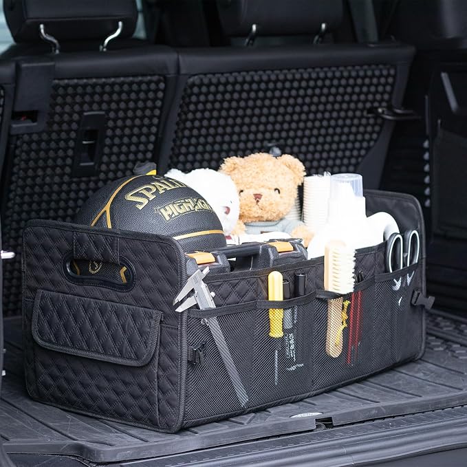 Car Trunk Organizer for SUV, Car Storage Organizer Collapsible Multi Compartment Container Box, Adjustable Car Accessories for Women/Men, Large Black
