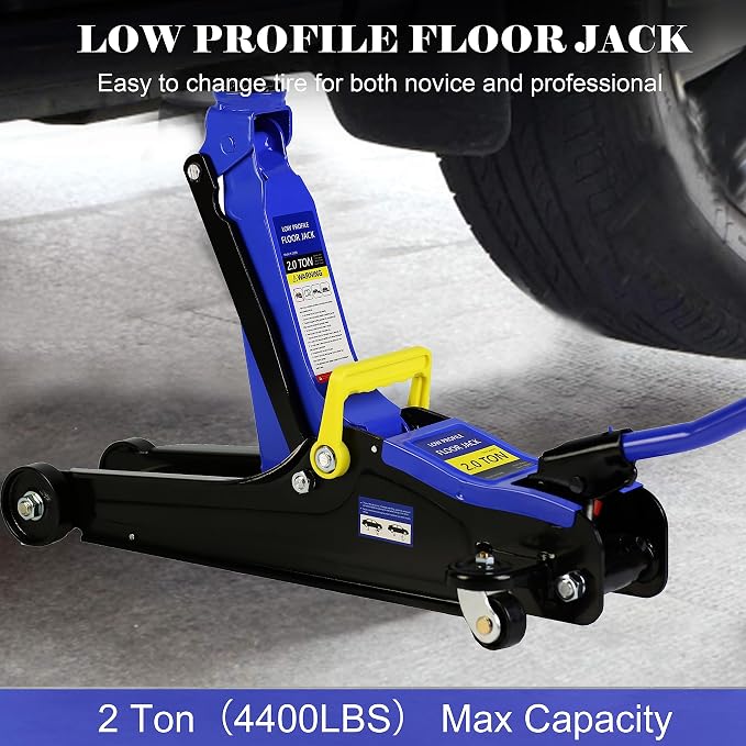 Floor Jack, Professional Heavy Duty Hydraulic Floor Jacks, Low Profile Floor Jacks, Steel Racing Floor Jack w/1 Piston Quick Lift Pump, Floor Jack Lifting 3.3"-15.2" 2 Ton(4400lb)Capacity Blue