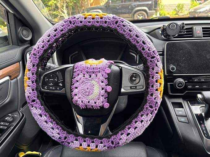 Handmade Crochet Sun Moon Car Steering Wheel Covers Universal 14-15 inch,Cute Steering Wheel Cover,Car Accessories (B:Wheel Cover+2 Belt Cover)