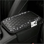 Stacool Upgraded Car Center Console Cover with Rhinestones,Microfiber Leather Car Armrest Cover Cushion with 2 Storage Bags,Universal Cars Armrest Storage Box as Cars Interior Accessories