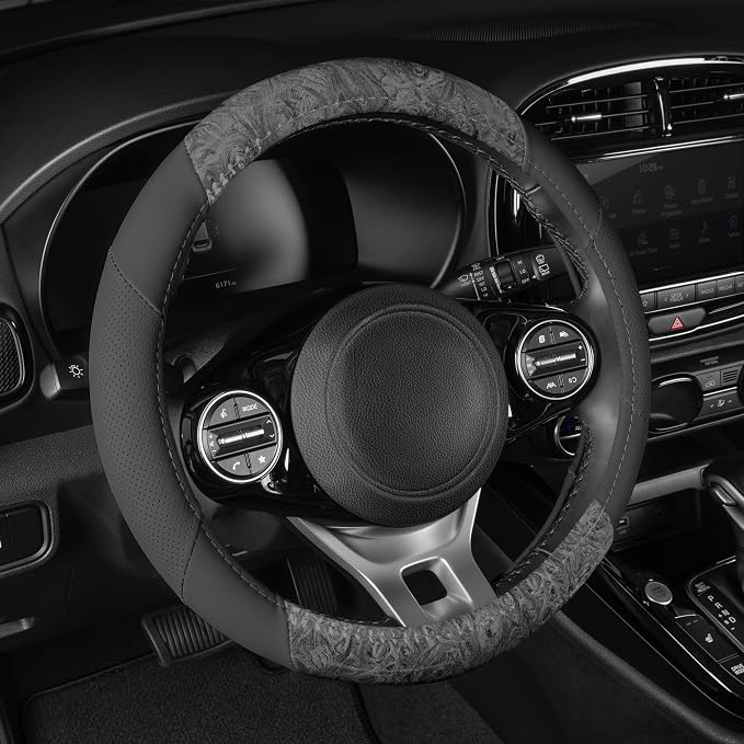 BurlwoodLux Wood Grain and PU Leather Gray Steering Wheel Cover - Sport Grip for Car Auto SUV Trucks
