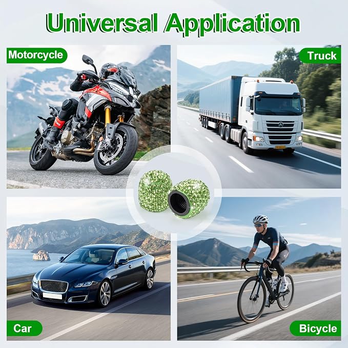 4 Pack Handmade Crystal Rhinestone Car Tire Valve Stem Caps, Universal for Cars, Trucks and Motorcycles - Green