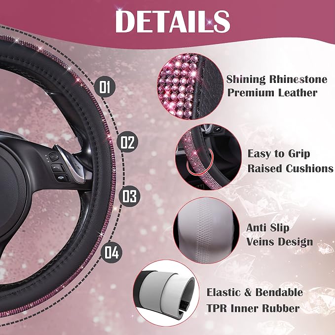 Bling Diamond Leather Steering Wheel Cover, Bling Sparkly Crystal Glitter Rhinestones Universal Fit 14" 1/2-15" Car Wheel Protect for Women Girl Fit Suvs,Vans,Sedans,Cars,Trucks, Pink Black