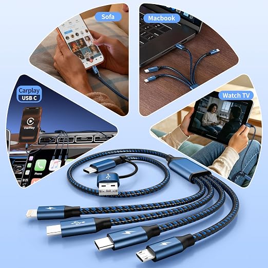 4 in 2 Multi Charging Cable,Dual Type-C Multiple Charger Cable,USB A/C Charging Cables for Multiple Devices with IP/Micro/USBC Port, Universal USB C Cable Phone Charger Cord for iPhone 16-12,Navy