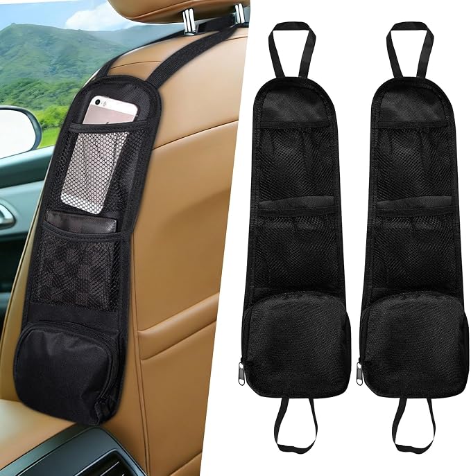 Car Seat Side Storage Pocket, Car Multifunctional Seat Organizer Hanging Bag, Auto Mobile Phone Wallet Sunglasses Mesh Net Pocket, Auto Accessories for Cars SUVs Trucks (Black-1, 2PCS)
