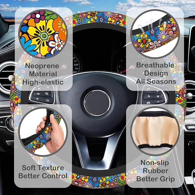 Bright Hippie Flower Steering Wheel Cover for Women, Anti-Slip Car Steering Wheel Cover with 2 Pcs Cup Holders Neoprene Breathable Car Accessories Universal 15 Inch Auto Interior Decor
