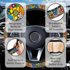 Bright Hippie Flower Steering Wheel Cover for Women, Anti-Slip Car Steering Wheel Cover with 2 Pcs Cup Holders Neoprene Breathable Car Accessories Universal 15 Inch Auto Interior Decor