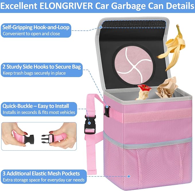 Car Trash Can Bin for Back Seat Leak Proof, Cute Car Trash Bag Hanging, Vehicle Trash Can for SUV Truck Van, Automotive Garbage Cans Front Seat Pink