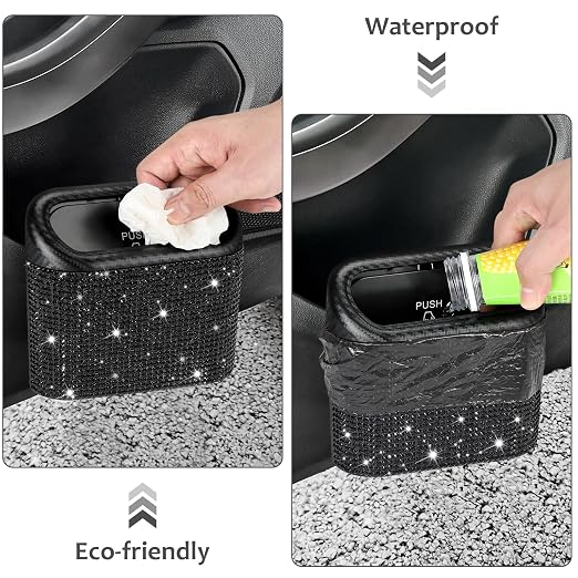 Bling Car Trash Can with Lid, Mini Vehicle Trash Bin, Car Dustbin Garbage Organizer with 60 Trash Bag, Leakproof Auto Storage Bag Container for Car, Home, Office (Carbon Fiber&Black Rhinestone)