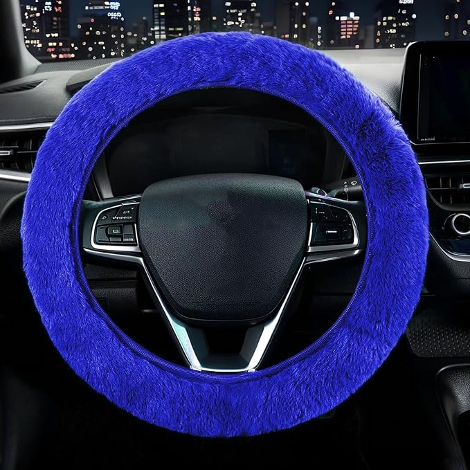 Furry Car Steering Wheel Cover, Heat Absorbing Fluffy Soft Warm Plush Non-Slip, 14 1/2-15 inch, for Women Girls, Blue