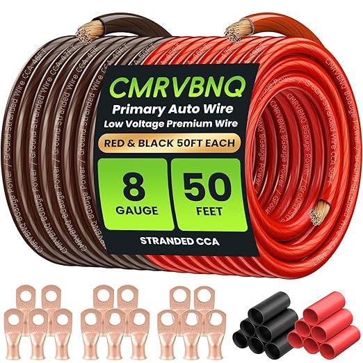 8 Gauge Battery Cable CCA Wire Kit, 50FT Each Red Black with Terminals Heat Shrink Tubes Low Voltage Primary Automotive Power Ground Cable for Car Audio Amp Subwoofer RV Wiring