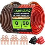 8 Gauge Battery Cable CCA Wire Kit, 50FT Each Red Black with Terminals Heat Shrink Tubes Low Voltage Primary Automotive Power Ground Cable for Car Audio Amp Subwoofer RV Wiring