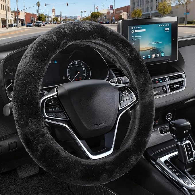 Furry Car Steering Wheel Cover, Heat Absorbing Fluffy Cover, Soft Warm Plush Non-Slip, 14 1/2-15 inch, for Women Girls, Black