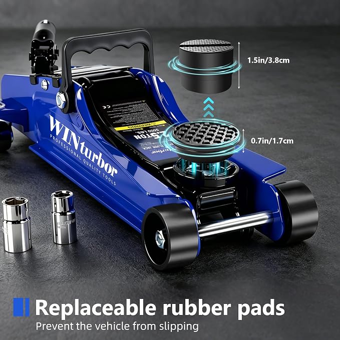 2.5T Floor Jack, 5500 lbs, 3.35"-14.96" Lift, Tire Kit, Pads, Sockets & Bag | Steel jack, 3.35"-14.96" lift. 360° swivel handle, rear casters. Includes tire kit, 2 rubber pads, 2 sockets & bag.