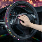 Diamond Leather Steering Wheel Cover, with Bling Crystal Rhinestones Fit Suvs,Vans,Sedans,Cars,Trucks Universal Fit 14.5-15inch Crystal Glitter for Women Sparkle Girl, Multicolor Diamond