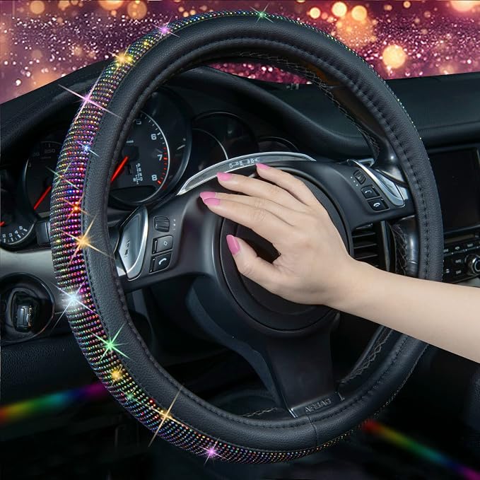 Bling Diamond Leather Steering Wheel Cover, with Bling Sparkly Crystal Glitter Rhinestones Universal Fit 13"1/2-14" Car Wheel Protector for Women Girl Fit Suvs,Vans,Sedans,Trucks, Multicolor