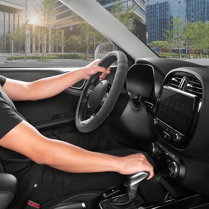 Soft Touch Leather Gray Steering Wheel Cover with Grooves, Advanced Traction Universal Fit for Standard Sizes 14.5 15 15.5 inches