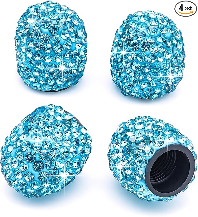 4PCS Bling Crystal Diamond Tire Stem Valve Caps, Dustproof Car Wheel Tire Valve Caps Universal Tire Valve Stem Covers for Cars, SUV, Trucks, Bikes, Motorcycles, Bicycles (Light Blue)