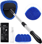 26" Super-Long Windshield Cleaner Tool, Car Interior Window Detailing Cleaning Kit with Extendable Handle and 4 Upgraded Reusable Microfiber Pads, Auto Glass Wiper Brush Kit for Car&Home, Blue
