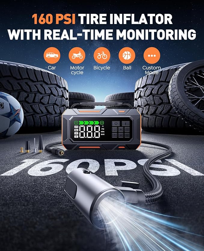 16-in-1 8000A Car Battery Jump Starter with Air Compressor 160PSI, Jump Starter Jump Box (All Gas 12L Diesel) with Portable Jumper Cables, Auto-Shutoff Tire Inflator, Gloves, Tow Rope
