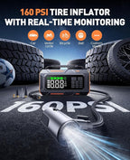 16-in-1 8000A Car Battery Jump Starter with Air Compressor 160PSI, Jump Starter Jump Box (All Gas 12L Diesel) with Portable Jumper Cables, Auto-Shutoff Tire Inflator, Gloves, Tow Rope