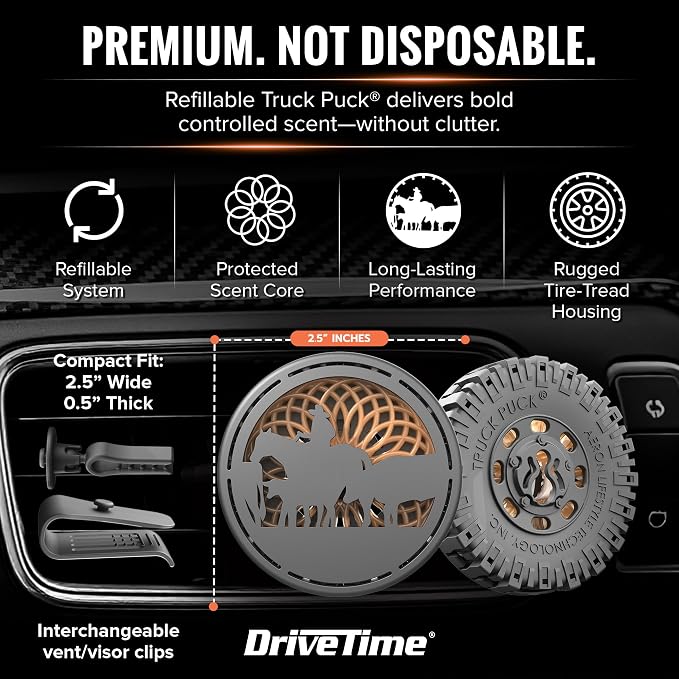 Truck Puck Campfire Night Fragrancee Car Air Freshener – Long-Lasting Car Deodorizer, Refillable Vent & Visor Clip Auto Air Freshener for Car, Truck & SUV, Premium Fragrance, Pack of 3