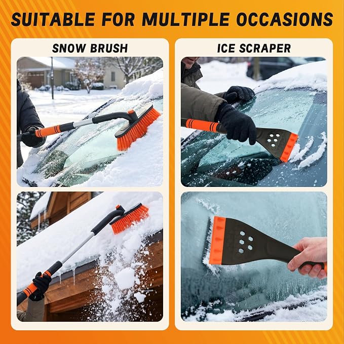 [Upgrade] 36" Extendable & Removable Snow Brush with Ice Scraper for Car Windshield, 360° Pivoting Brush Head, EVA Foam Grip for SUV, Trucks, Auto