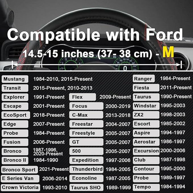 Car Steering Wheel Cover for Ford Escape,Explorer,Fusion,Focus,Bronco,Transit,Edge(Diamond Quilted - Black+Red- Standard Size)