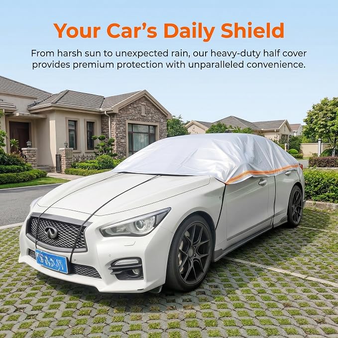 J&J All Weather Heavy-Duty Half Car Cover& Windshield Car Cover(SUV) | Snow&Hail Windshield car cover,7-Point Windproof Design,Easy Storage & Wear,Reflective Strips, All Weather Waterproof