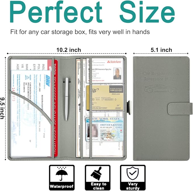 Car Registration & Insurance Holder - Leather Glove Box Organizer, Cool Accessories for ID, Driver's License Cards & Essential Documents, Men & Women, Gray