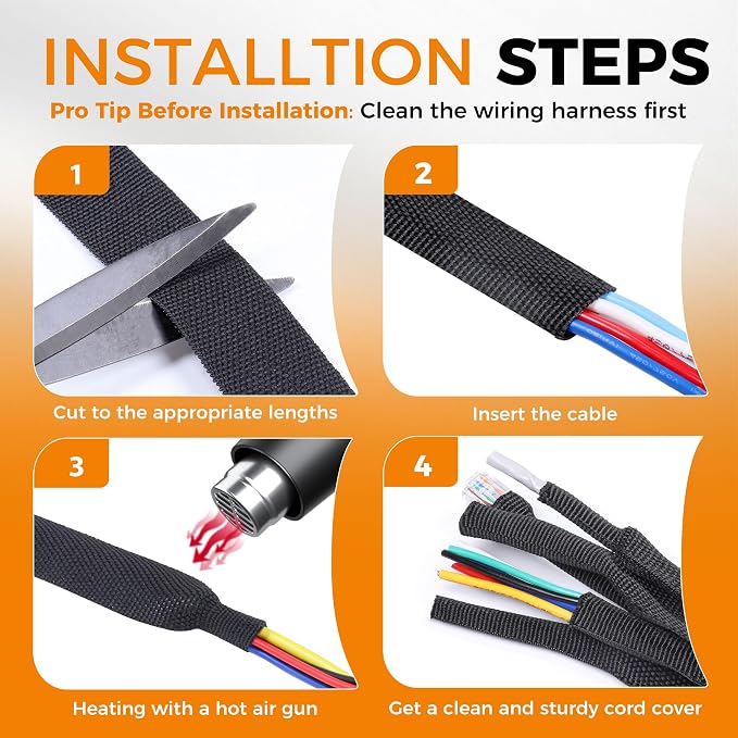 Black 2:1 Ratio Automotive Heat Shrink Braided Sleeving,Wear-Resistant Flat Woven Shrinkable Sleeve Fabric Car Cable Wires Hoses Protection (1-3/8"-8ft)