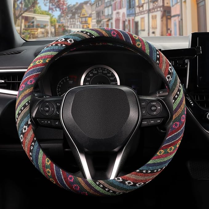 Boho Steering Wheel Cover with Baja Blanket Cloth, Ethnic Style Auto Wheel Cover Made of Coarse Flax, Fits 14 1/2-15 1/4 inches Car Wheel