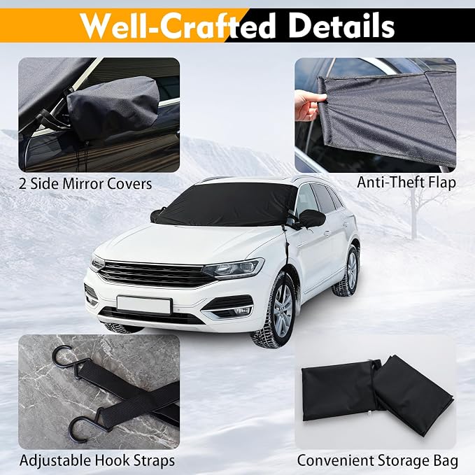 Windshield Cover, 600D Oxford Automotive Windshield Snow Cover for Ice, Snow, Frost & Sunlight, Vehicle Window Protector Windscreen Shield with Mirror Cover for Sedan & Medium SUVs