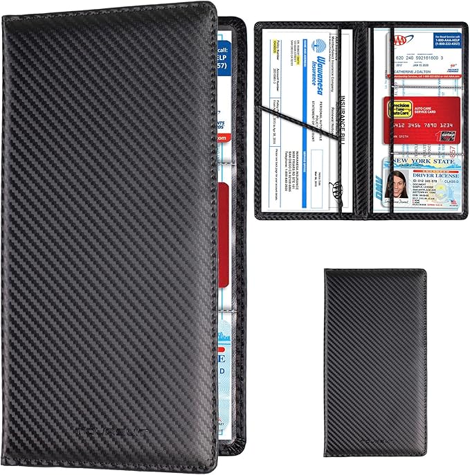 Car Registration and Insurance Card Holder, Vehicle License Document Glove Box Compartment Organizer, Interior Car Accessories for Women Men (Carbon Fiber Black)