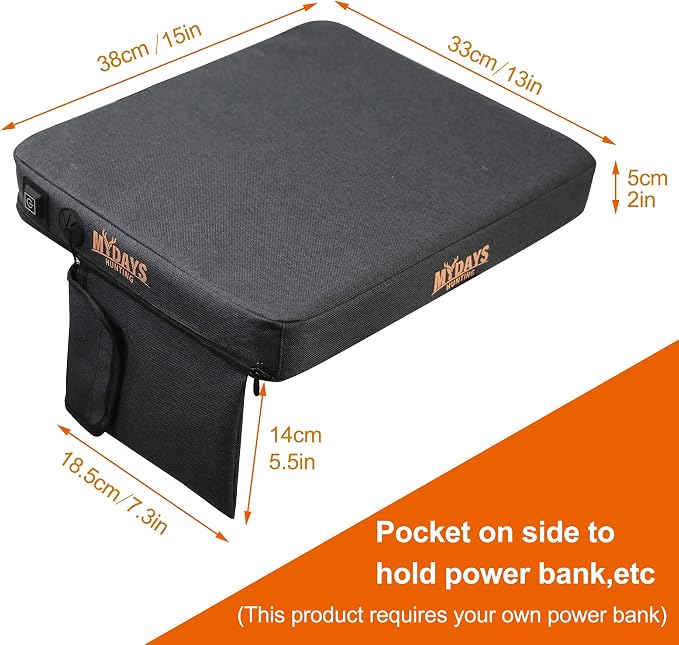 Portable Heated Seat Cushion, Memory Foam Heating Seat Pad for Outdoor Stadium Bleacher Camping, Power Bank Not Included（Black）
