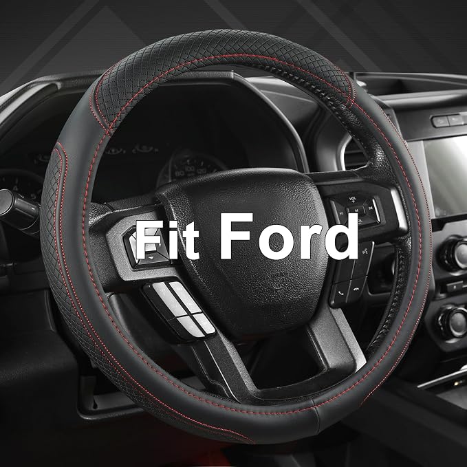 Car Steering Wheel Cover for Ford F-150, F-250, F-350, Expedition (Black +Red-Large Size)