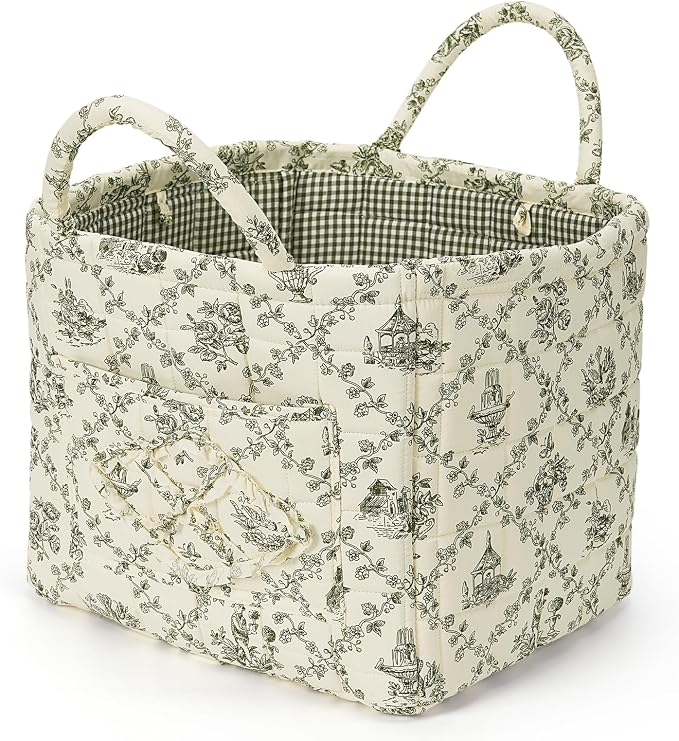 Floral Fabric Storage Basket Car Interior Storage Basket Underwear Sundries Laundry Baskets Supplies Home Organizer Bag (Green)