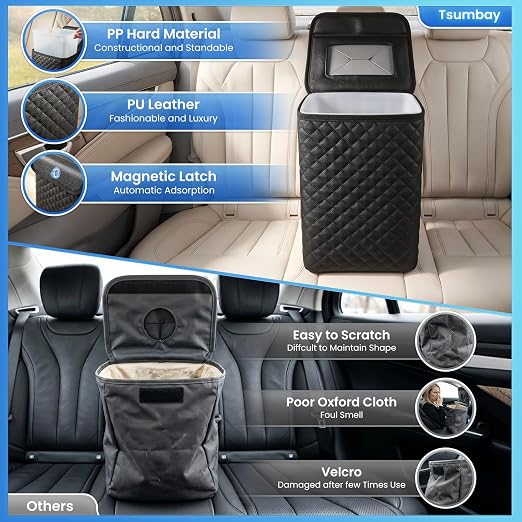 Car Trash Can with Lid, Leather Garbage Can, Leakproof and Removable Interior Liner, Multipurpose Hanging Garbage Bin with Quick Access Magnetic Opening, Trash Bin for Car (2 Gallon/7.5L)