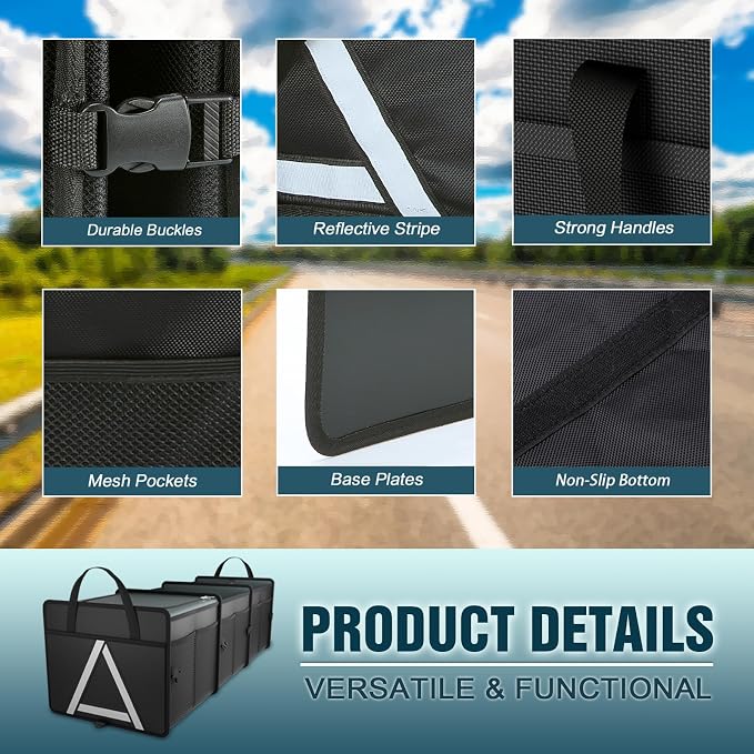 K KNODEL Sturdy Car Trunk Organizer with Premium Insulation Cooler Bag, 3 Compartments Heavy Duty Collapsible for Car, SUV, Truck, or Van (Large, Black)