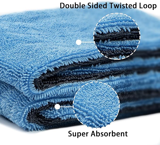 2 Pack Car Drying Towel, Premium Microfiber Towels for Cars, 1000GSM, Edgeless Twisted Loop Design, No Streaks, Scratches, or Water Spot, Absorbent Wash Towel, 18" x 24" (Blue&Grey)