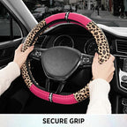 Leopard Steering Wheel Cover for Women, Cute Anti-Slip Microfiber Leather, Fits D Shape Flat Bottom Steering Wheel 14.5-15 Inch - HotPink