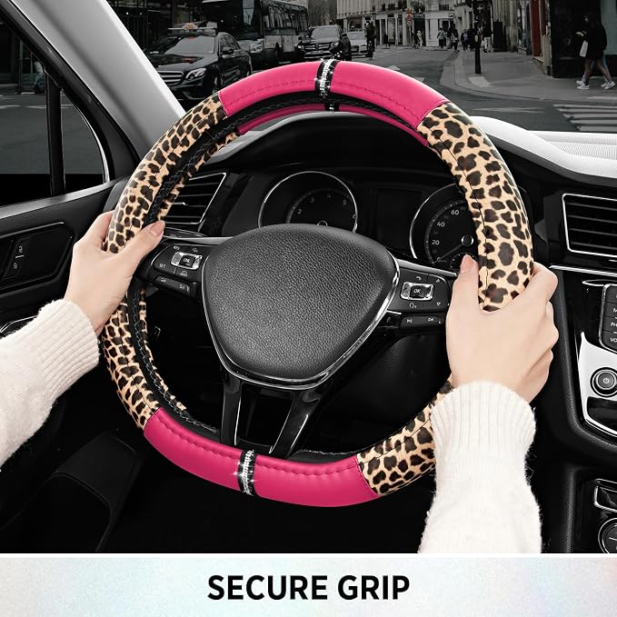 Leopard Steering Wheel Cover for Women, Cute Anti-Slip Microfiber Leather, Fits D Shape Flat Bottom Steering Wheel 14.5-15 Inch - HotPink