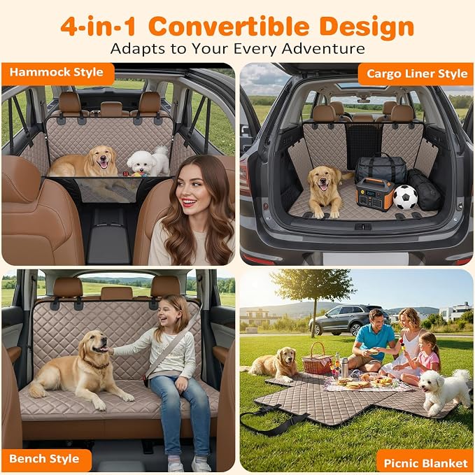 4 in 1 Dog Car Seat Cover for Back Seat, Waterproof Dog Hammock with Mesh Window and Side Flap Pet Car Seat Protector Dogs Backseat Cover for Cars, SUVs & Mid-Size Trucks