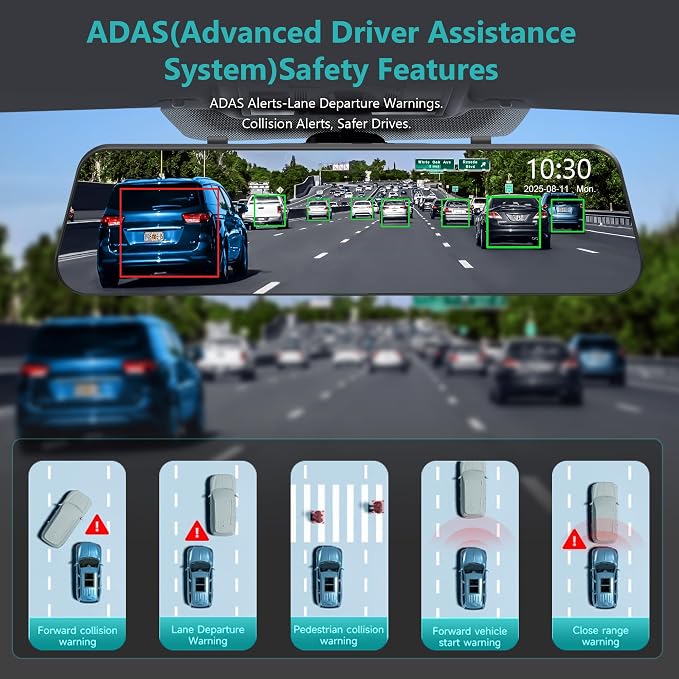 12'' 4K Rear View Mirror Camera,4K+2.5k Front and Rear Mirror Dash Cam,ADAS BSD LCA Smart Rearview Mirror for Cars,App WiFi,Night Vision, Parking Monitor, 64GB Card & GPS Digital View Mirror Dashcam