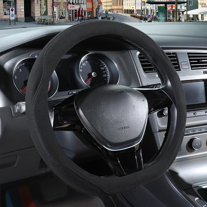 14 inch Black Suede D Shaped Steering Wheel Cover, Breathable Non-Slip Sweat-Proof Wear-Resistant No Pilling, Warm in Winter and Cool in Summer
