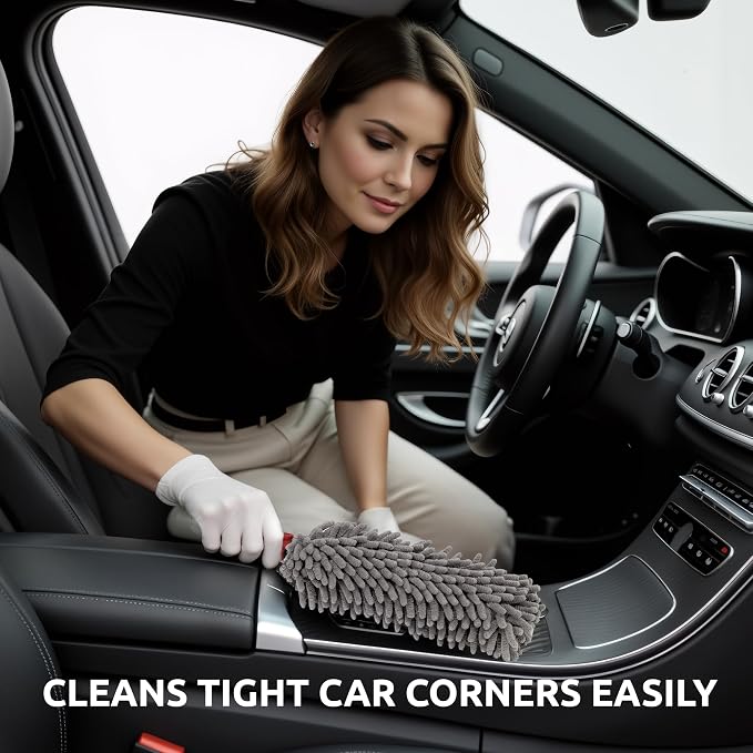 Car Duster Interior, 360° Microfiber Fingers, Lint & Scratch Free | Unbreakable Comfort Handle Duster, Includes Microfiber Towel, Lint-Free & Safe for Car & Home Interior, Gray