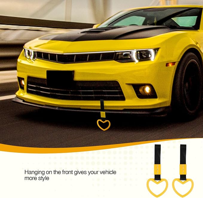 2PCS Heart Shaped Car Handle Straps, Rear Bumper Warning Keychain Ring for Car Exterior Accessories (Yellow)
