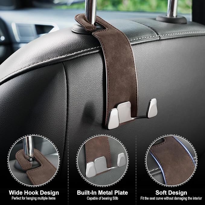 Car Seat Headrest Hook, Premium Suede Double Hook 2 Pack, Universal Hanging Accessories for Purse, Bag, Groceries - Car Interior Accessories (Brown)